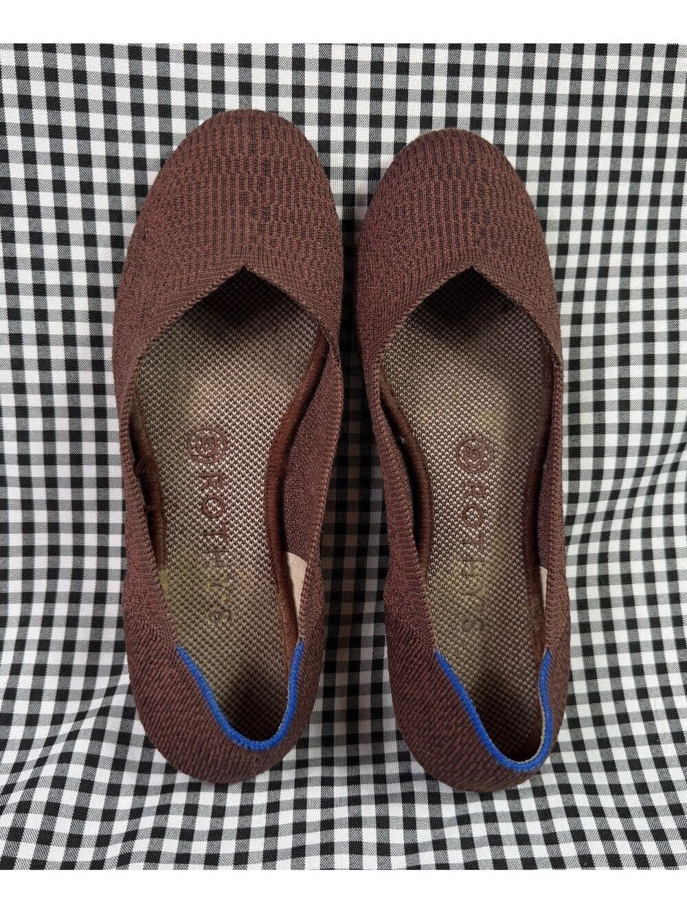Rothy’s The Flat Women’s 8 Brown Knit Ballet Flats Blue Trim Washable Shoes